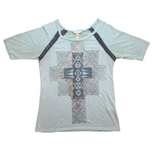 Angels & Diamonds Cross Graphic Top Large Lace Rhinestone Boho USA